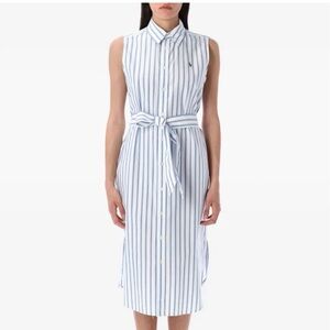 Ralph Lauren Blue and White Striped Sleeveless Shirt Dress with Tie Waist